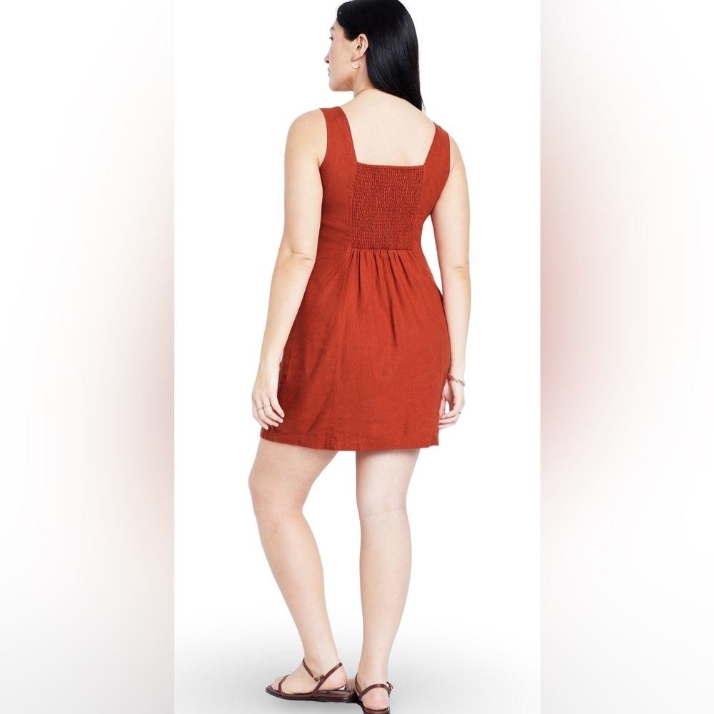 NWTS🍃GAP OLD NAVY XL🍃BRONZE AMBER SQUARE NECK LINEN DRESS W STRAPS BACK SMOCKING - Picture 12 of 15